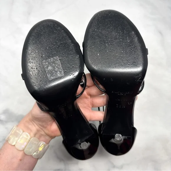 Saint Laurent YSL Cassandra Patent Leather Strappy Sandal Heels Black Gold 36.5 - Picture 12 of 16